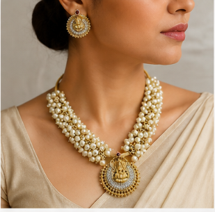 Premium Temple Pearl Necklace Set with Lakshmi Pendant & Earrings | VA Collections