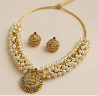 Premium Temple Pearl Necklace Set with Lakshmi Pendant & Earrings | VA Collections