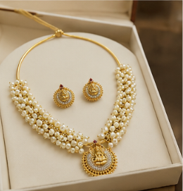Premium Temple Pearl Necklace Set with Lakshmi Pendant & Earrings | VA Collections