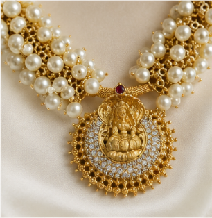 Premium Temple Pearl Necklace Set with Lakshmi Pendant & Earrings | VA Collections