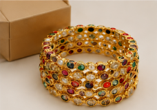 Multicolor Kundan Stone & Pearl Gold-Plated Traditional Bangle Set | VA Collections