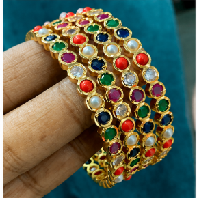 Multicolor Kundan Stone & Pearl Gold-Plated Traditional Bangle Set | VA Collections