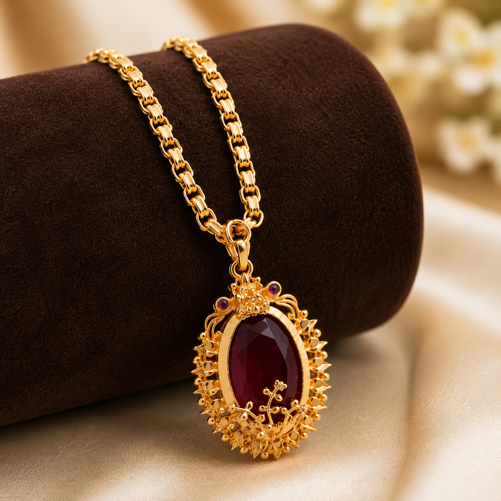 Traditional Gold-Tone Green Stone Pendant Chain for Women | Designer Ethnic Necklace