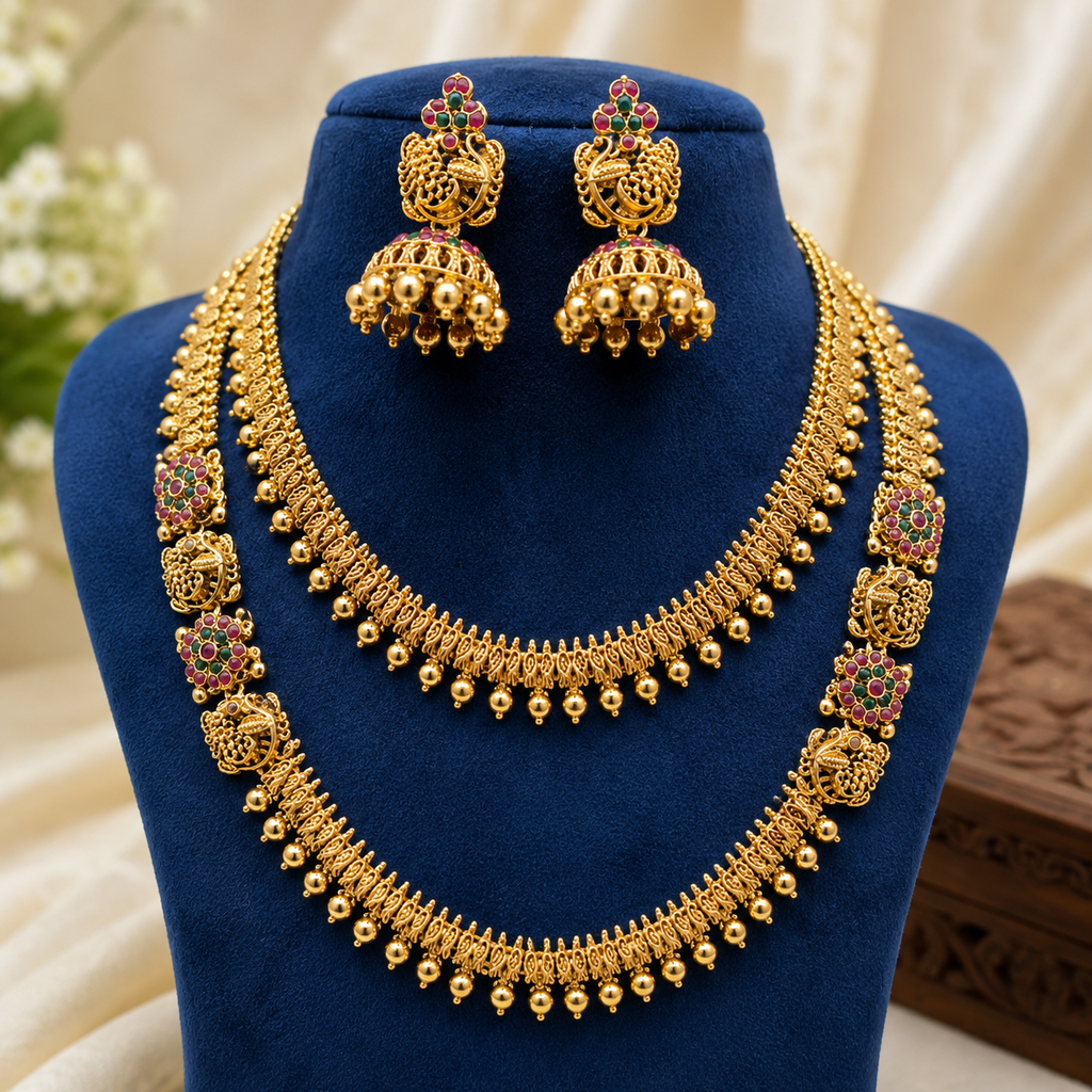 Traditional Gold-Tone Temple Necklace Set with Long Haram & Jhumka Earrings for Women | Bridal & Wedding Jewelry