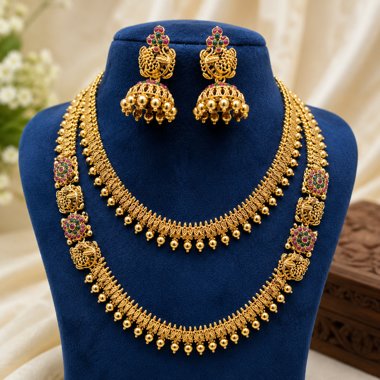 Traditional Gold-Tone Temple Necklace Set with Long Haram & Jhumka Earrings for Women | Bridal & Wedding Jewelry