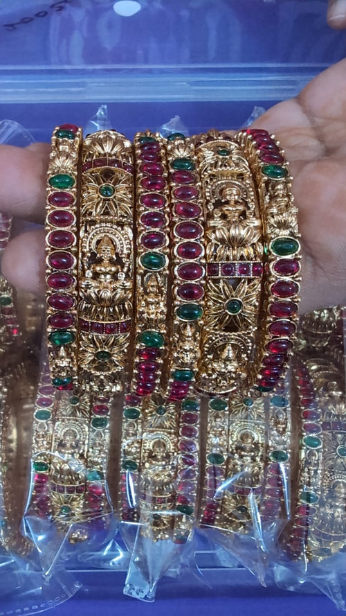 Premium Antique Lakshmi Ruby & Emerald Temple Bangle Set | Traditional Gold Finish Bangles for Women