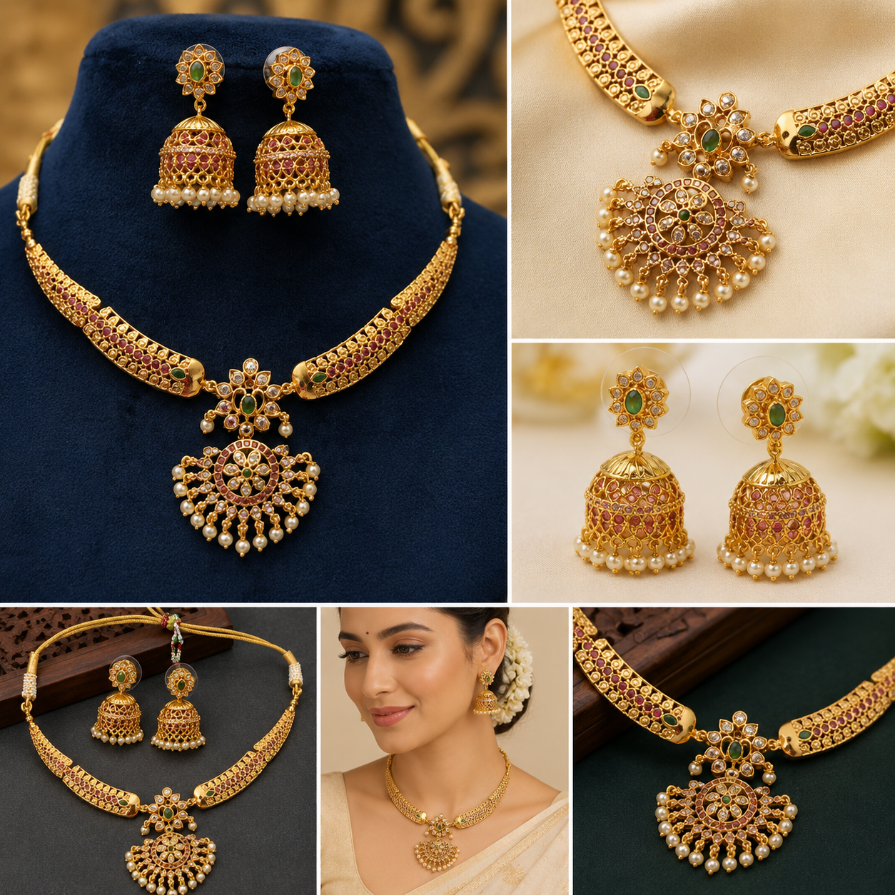 Traditional Gold Plated Kundan Necklace Set with Jhumka Earrings | Bridal & Festive Jewelry