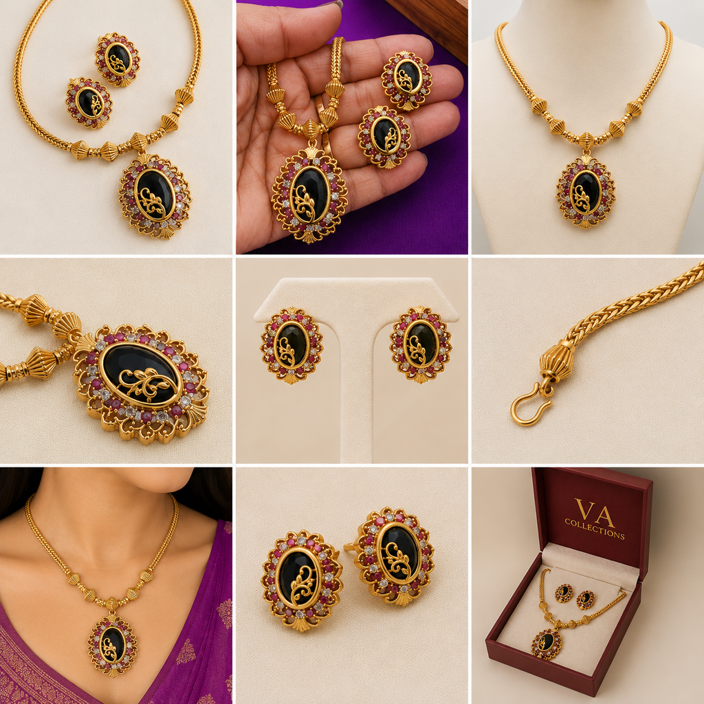 VA Collections Antique Gold-Plated Green Stone Necklace Set with Matching Earrings | Traditional Temple Jewellery