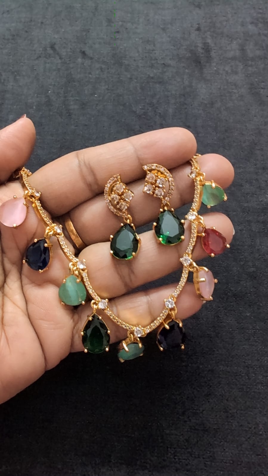 Premium Multicolor American Diamond Necklace Set with Matching Earrings | Gold Plated Party Wear Jewellery | VA Collections