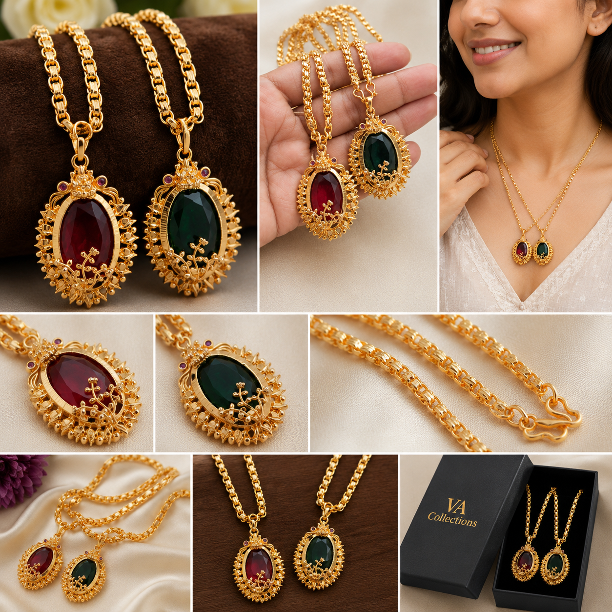 Traditional Gold-Tone Green Stone Pendant Chain for Women | Designer Ethnic Necklace