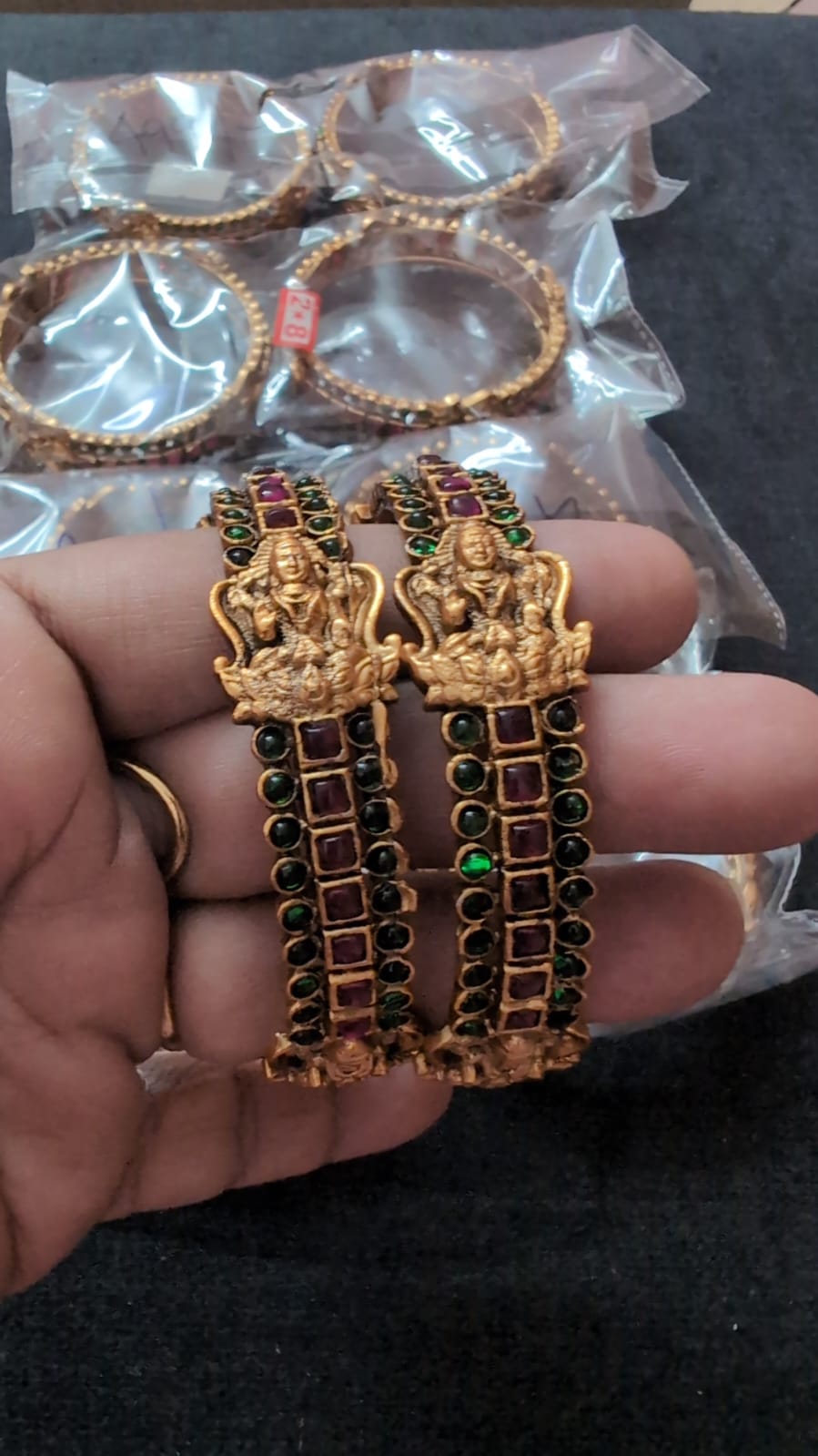 Traditional Lakshmi Temple Design Antique Gold Plated Bangles with Green & Ruby Stones | Pair | VA Collections
