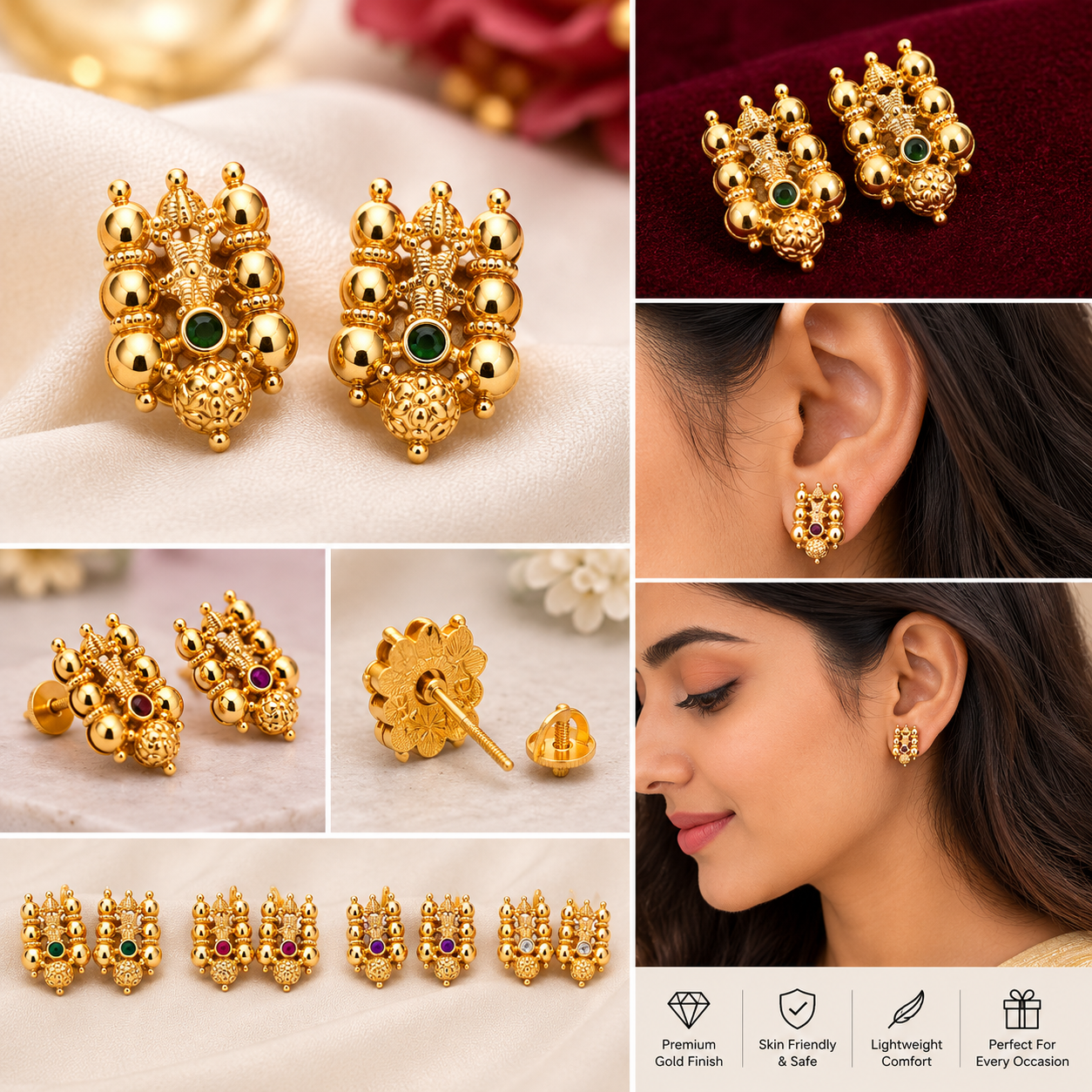 Traditional Gold-Tone Stone Stud Earrings for Women | Antique Ethnic Daily Wear Earrings