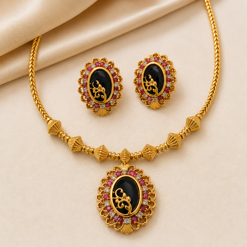 VA Collections Antique Gold-Plated Green Stone Necklace Set with Matching Earrings | Traditional Temple Jewellery