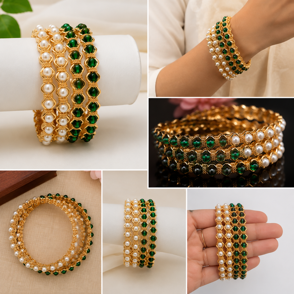 Elegant Pearl & Emerald Green Beaded Gold-Tone Bangles Set for Women | Traditional Ethnic Bracelet Stack