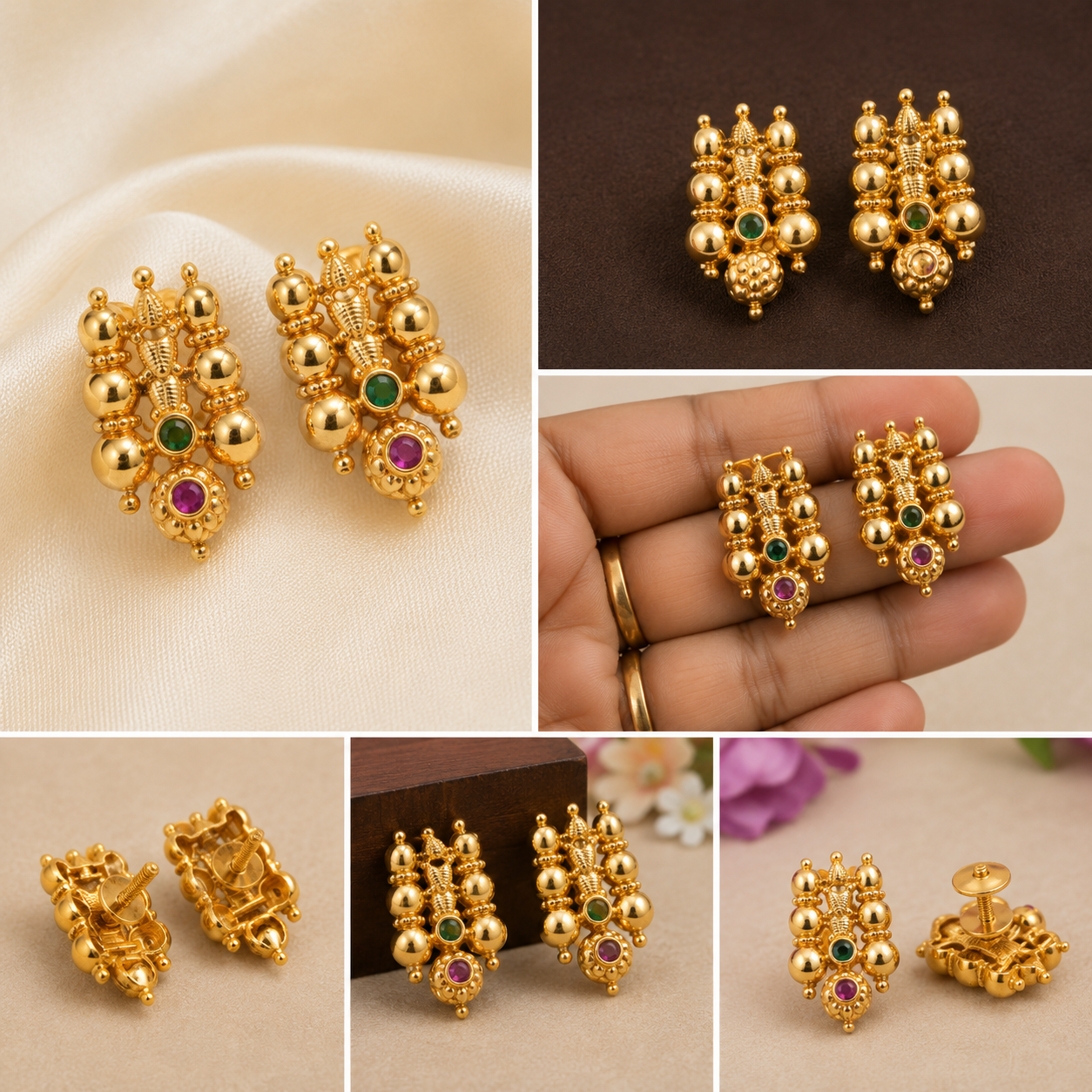 Traditional Gold-Tone Stone Stud Earrings for Women | Antique Ethnic Daily Wear Earrings