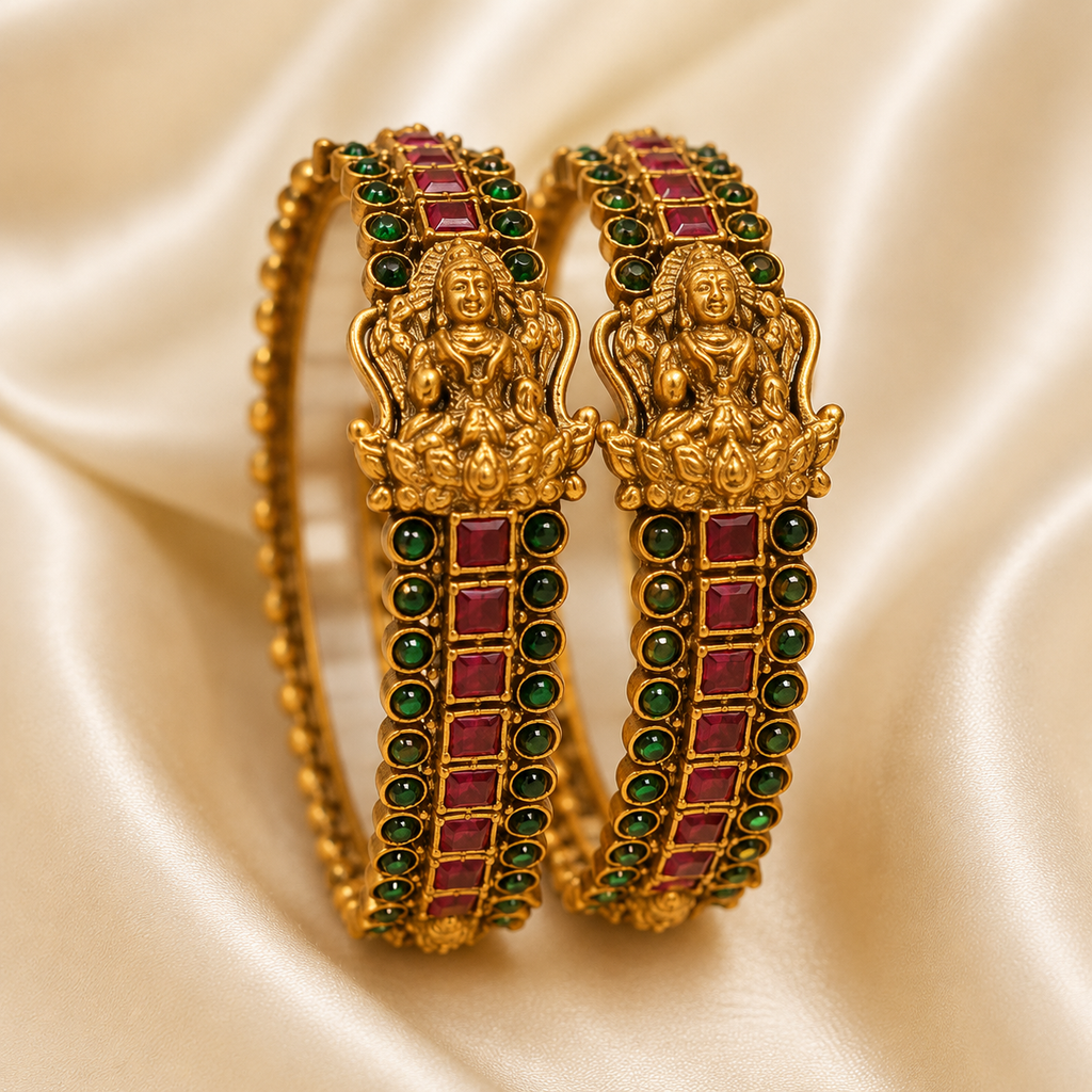 Traditional Lakshmi Temple Design Antique Gold Plated Bangles with Green & Ruby Stones | Pair | VA Collections