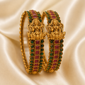 Traditional Lakshmi Temple Design Antique Gold Plated Bangles with Green & Ruby Stones | Pair | VA Collections