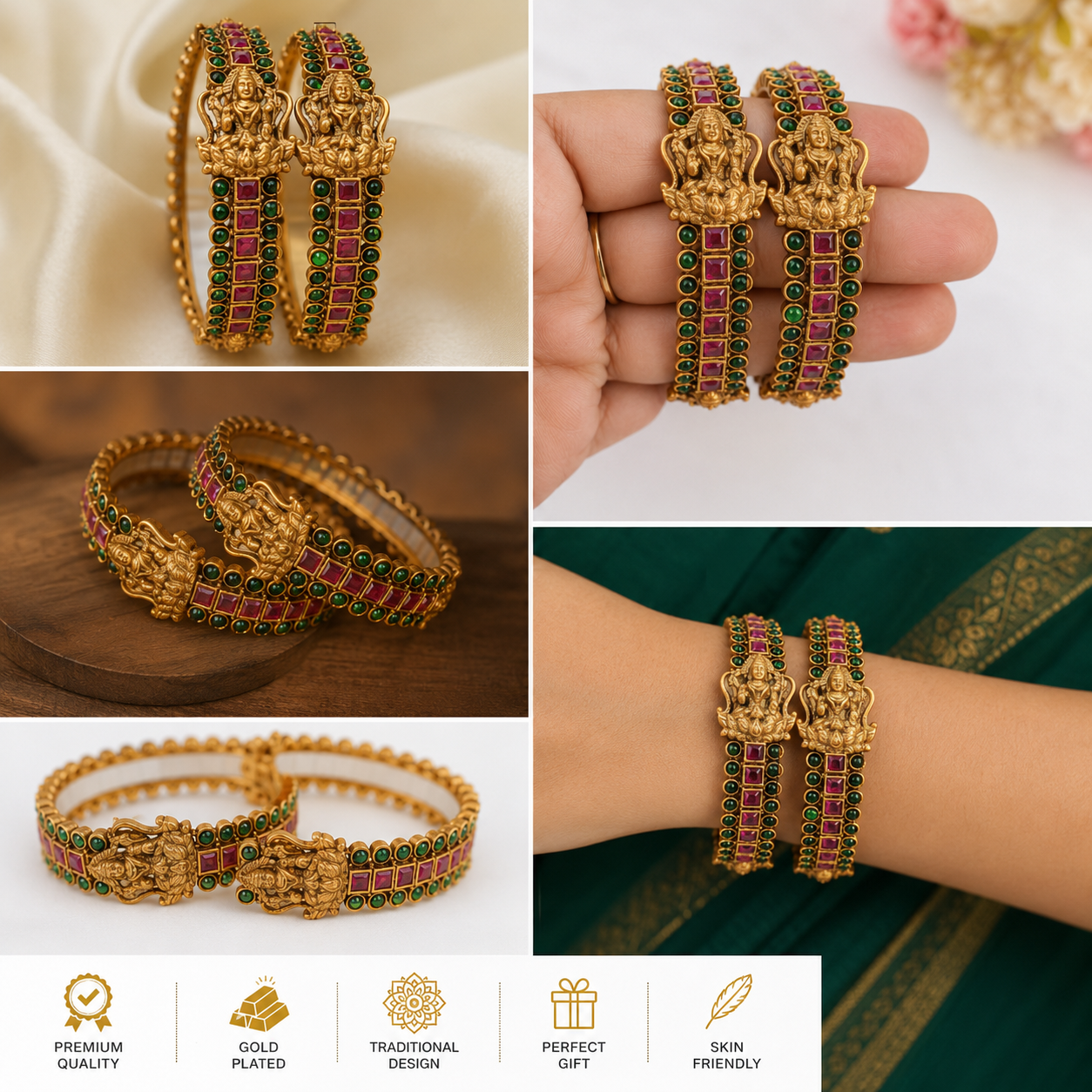 Traditional Lakshmi Temple Design Antique Gold Plated Bangles with Green & Ruby Stones | Pair | VA Collections