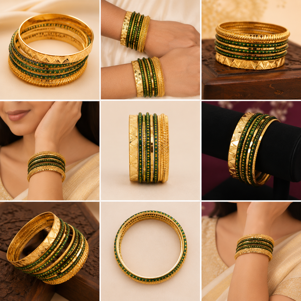 Traditional Green & Gold Patli Bangle Set (Set of 8) | Premium Antique Finish | VA Collections