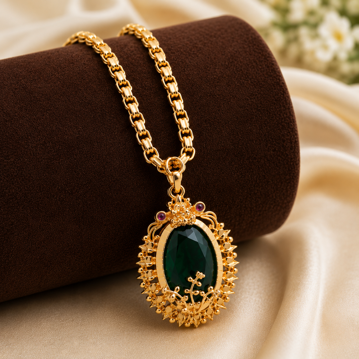 Traditional Gold-Tone Green Stone Pendant Chain for Women | Designer Ethnic Necklace