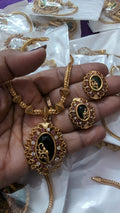 VA Collections Antique Gold-Plated Green Stone Necklace Set with Matching Earrings | Traditional Temple Jewellery