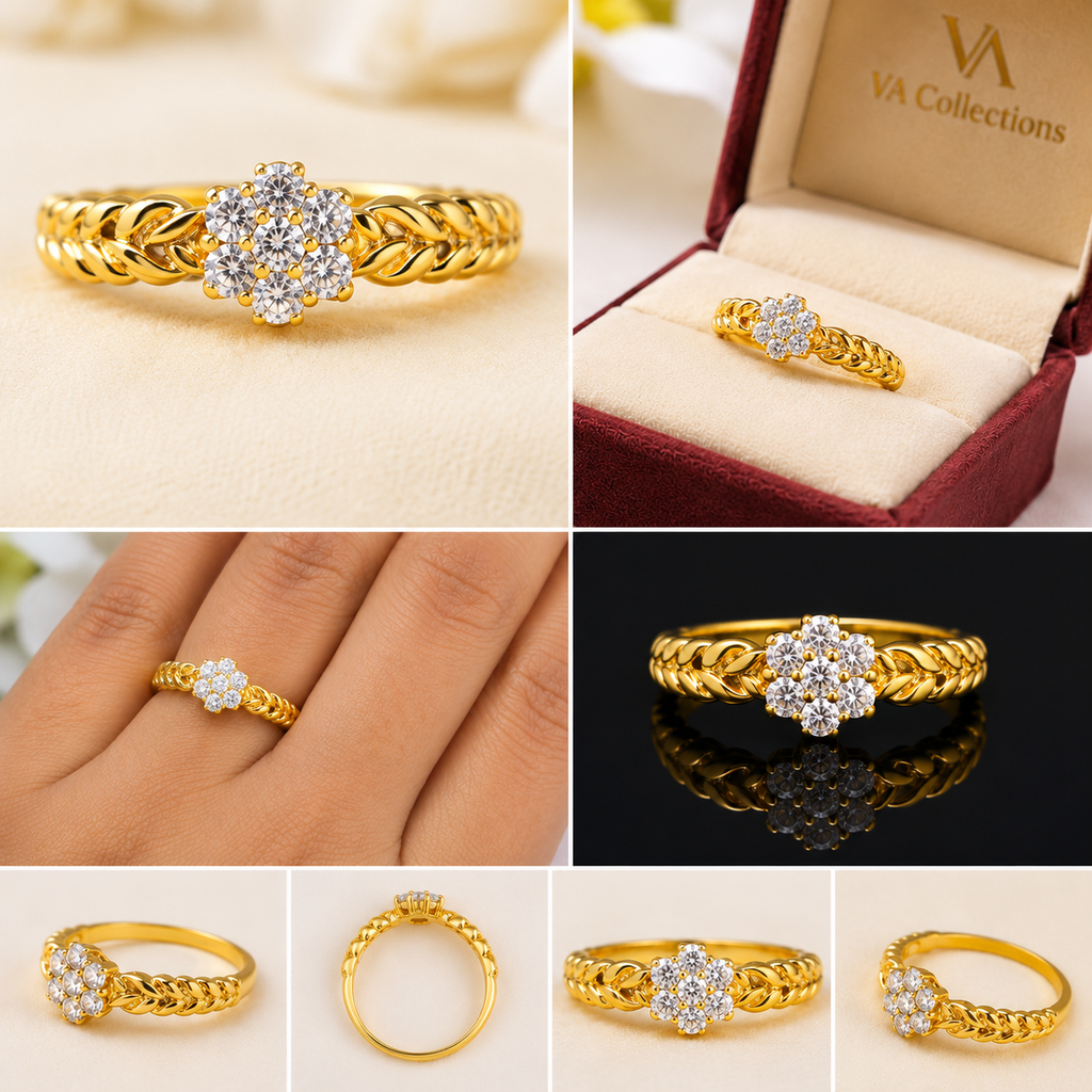 VA Collections Gold-Plated Floral CZ Ring for Women | Elegant Adjustable Party Wear Ring