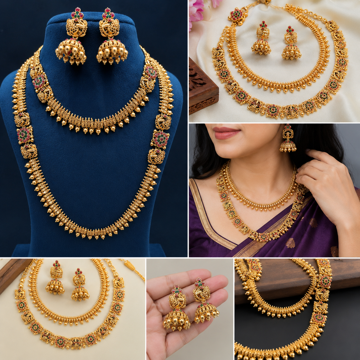 Traditional Gold-Tone Temple Necklace Set with Long Haram & Jhumka Earrings for Women | Bridal & Wedding Jewelry