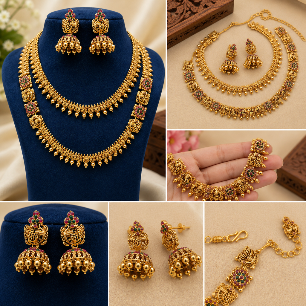 Traditional Gold-Tone Temple Necklace Set with Long Haram & Jhumka Earrings for Women | Bridal & Wedding Jewelry