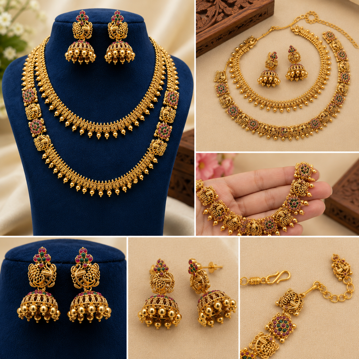Traditional Gold-Tone Temple Necklace Set with Long Haram & Jhumka Earrings for Women | Bridal & Wedding Jewelry