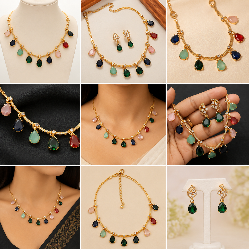 Premium Multicolor American Diamond Necklace Set with Matching Earrings | Gold Plated Party Wear Jewellery | VA Collections