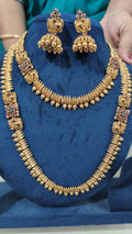 Traditional Gold-Tone Temple Necklace Set with Long Haram & Jhumka Earrings for Women | Bridal & Wedding Jewelry