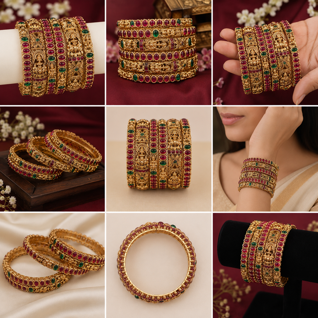 Premium Antique Lakshmi Ruby & Emerald Temple Bangle Set | Traditional Gold Finish Bangles for Women