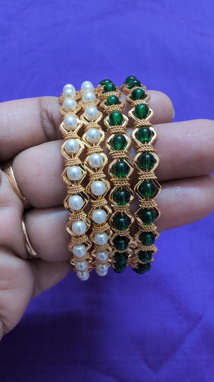 Elegant Pearl & Emerald Green Beaded Gold-Tone Bangles Set for Women | Traditional Ethnic Bracelet Stack