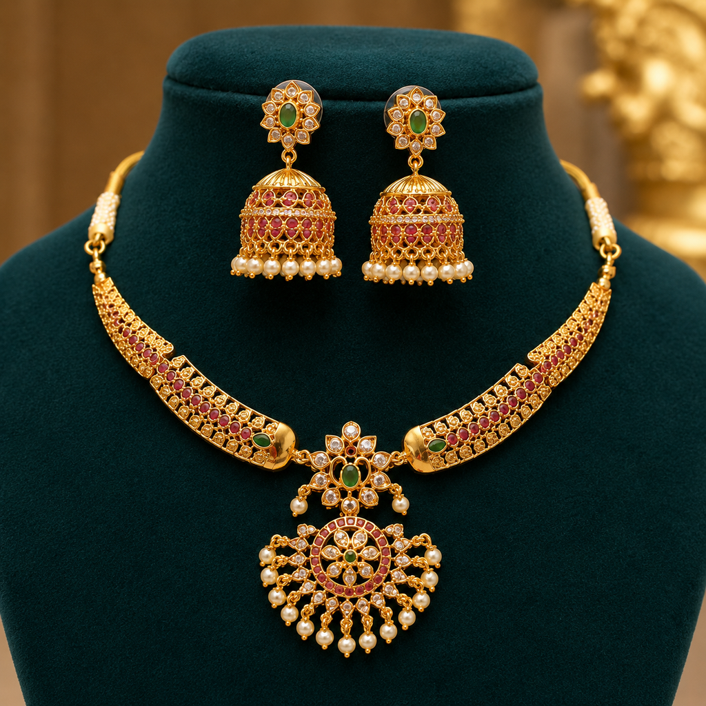 Traditional Gold Plated Kundan Necklace Set with Jhumka Earrings | Bridal & Festive Jewelry