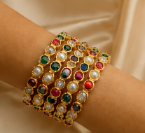 Multicolor Kundan Stone & Pearl Gold-Plated Traditional Bangle Set | VA Collections